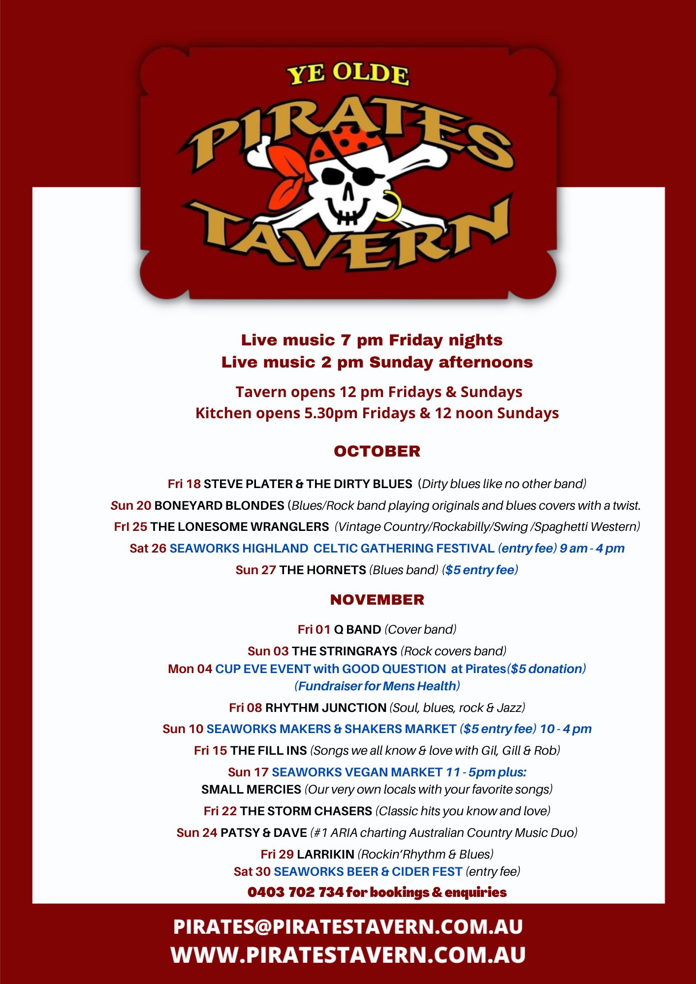 Live Music List for the Pirates Tavern, a Williamstown pub.